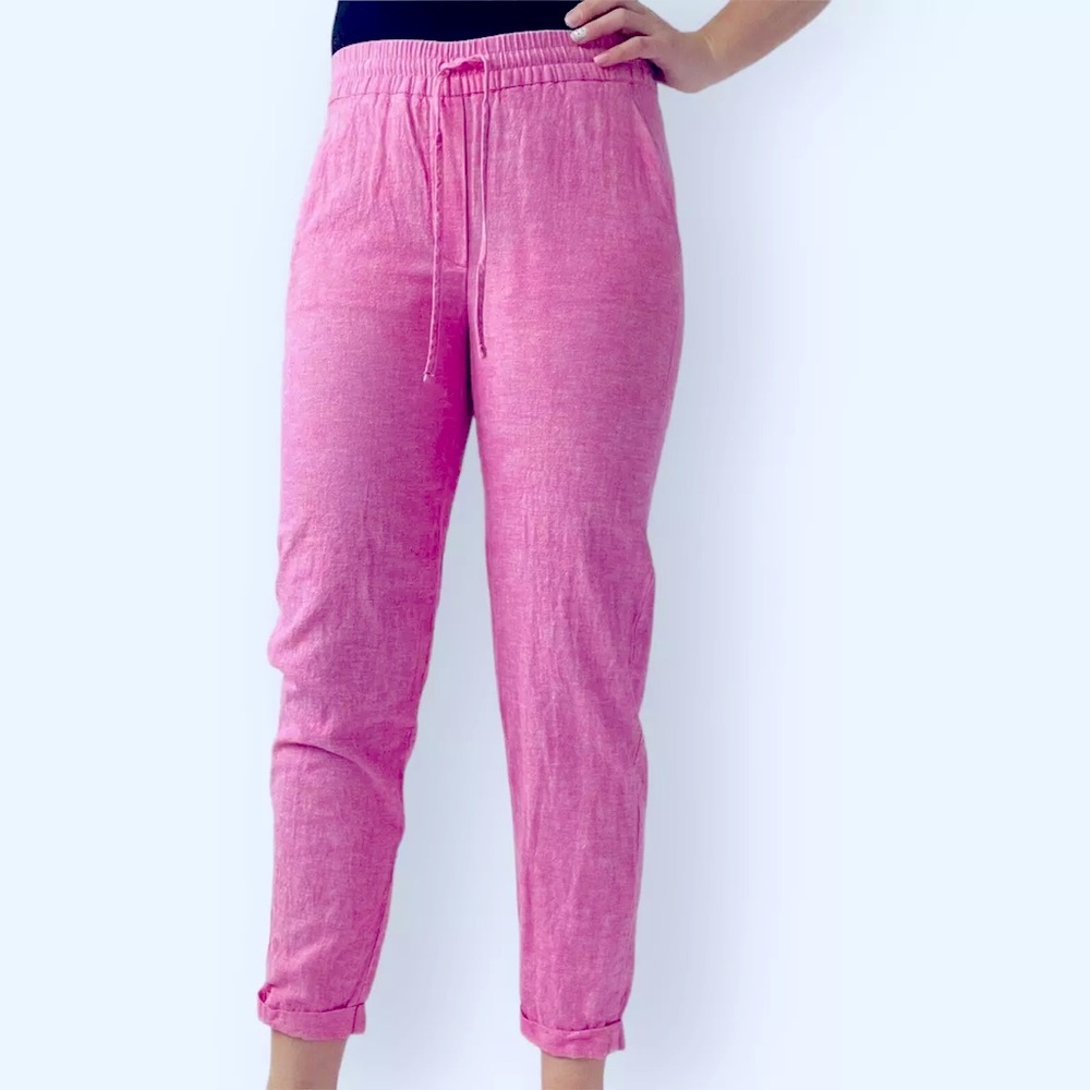 J Crew Pink Linen Pants Elastic Waist 4 Small Pockets Cuffed Crop Vacation